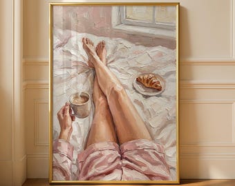 Coquette Woman Coffee and Croissant Art Prints, Pink Bedroom Decor, French Country Aesthetic, Breakfast in Bed Poster (Digital Download)