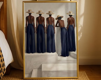 Black Woman Wall Prints, African Fashion Illustration, Neutral Boho Home Decor, Sisterhood Gift, Navy Blue Aesthetic Print -Digital Download