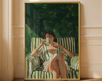 Maximalist Dopamine Decor, Woman Drinking Coffee Print, Emerald Green Striped Wall Art,  Kitchen Art (Digital Download)