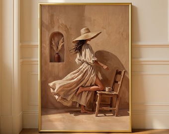 Black Woman with Straw Hat Wall Art, Terracotta Mediterranean Decor, Textured Impasto Painting, Earthy Neutral (Digital Download)
