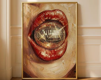 Disco Ball Lips Print, Funky Eclectic Bar Cart Decor, Preppy Wall Art, Vintage Red Lips, Maximalist Mirrorball Poster (Digital Download)