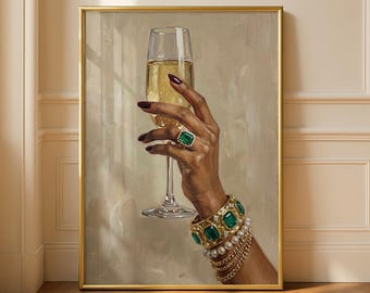 Black Woman Champagne Print, Old Money Aesthetic, Emerald Green Jewelry Print, Luxury Preppy Aesthetic, Black Girl Luxury (Digital Download)