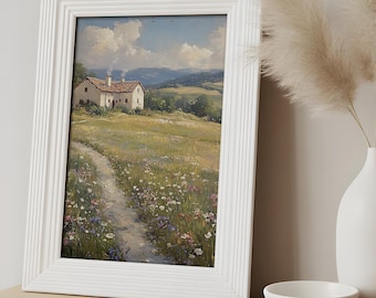 Vintage Landschaftsölgemälde, französisches Landhaus Druck, Wildblumen Wiese Kunst, rustikale Cottagecore Wanddekoration (digitaler Download)
