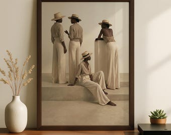 Neutral Black Woman Wall Art, African American Sisterhood Poster, Boho Fashion Illustration Print, Aesthetic Home Decor (Digital Download)