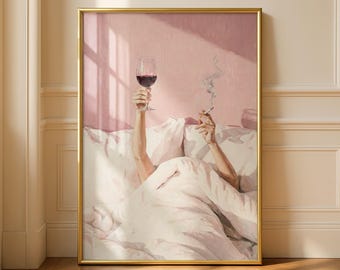 Coquette Woman in Bed with Wine Print, Pink Aesthetic, Pink Preppy Room, Trendy Bedroom Decor, Feminist Poster (Digital Download)