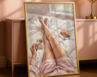 Coquette Woman Coffee and Croissant Art Prints, Pink Bedroom Decor, French Country Aesthetic, Breakfast in Bed Poster (Digital Download)