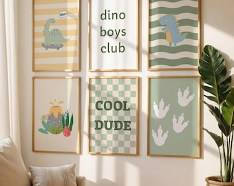 Dinosaur Nursery Wall Art Set of 6, Boys Room Decor Printable, Sage Green Dino Prints, Cool Dude Poster, Dino Boys Club (Digital Download)