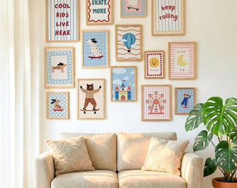 30 Cool Kids Live Here Print Bundle, Kids Room Decor, Retro Nursery Gallery Wall Set, Colorful Animal Print, Playroom Art (Digital Download)