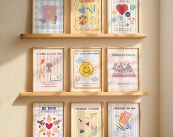 Christian Kids Print Set of 9, Bible Verse Nursery Decor, Sunday School Posters, Colorful  Scripture Wall Art (Digital Download)