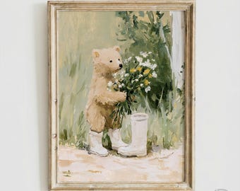 Vintage Bear with Flowers Nursery Wall Art, Whimsical Cottagecore Kids Room Decor, Woodland Animal Print (Digital Download)