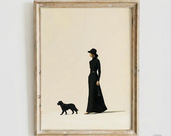 Minimalist Woman Walking Dog Art Print, Chic Dog Mom Gift, Neutral Wall Decor, Girly Wall Art (Digital Download)