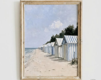 Blue Beach Huts Printable Wall Art, Impressionist Coastal Decor, Nautical Seaside Oil Painting Print for Beach House (Digital Download)