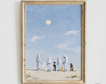 Surreal Astronauts and Dogs Looking at Moon Wall Art, Vintage Space Painting, Quirky Cosmic Nursery Decor (Digital Download)