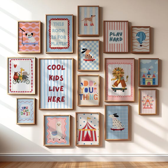 Eclectic Playroom Gallery Set of 30, Cool Kids Live Here Print, Colorful Nursery Decor, Whimsical Animal Poster Bundle (Digital Download)