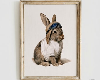 Retro Rabbit Pilot with Goggles, Vintage Aviator Bunny Wall Art, Whimsical Pet Portrait for Boys Room (Digital Download)