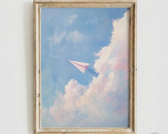 Vintage Pastel Cloud Nursery Wall Art, Paper Airplane Print, Whimsical Pink and Blue Sky Oil Painting, Kids Room Decor (Digital Download)