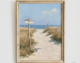 Vintage Coastal Beach Print, Beach House Decor, Muted Seaside Landscape, Neutral Ocean Dune Grass Wall Art (Digital Download)