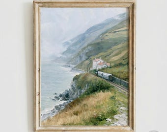 Vintage Coastal Train Print, Mountain Landscape Wall Art, Seaside Railway Painting, Moody Ocean Decor (Digital Download)