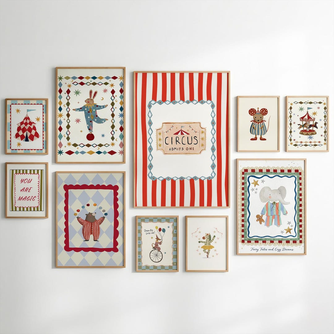 Vintage Circus Nursery Wall Art Set of 10, Kids Room Decor, Whimsical ...