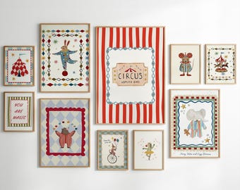 Vintage Circus Nursery Wall Art Set of 10, Kids Room Decor, Whimsical Circus Animal Prints, Retro Carnival Playroom Decor (Digital Download)