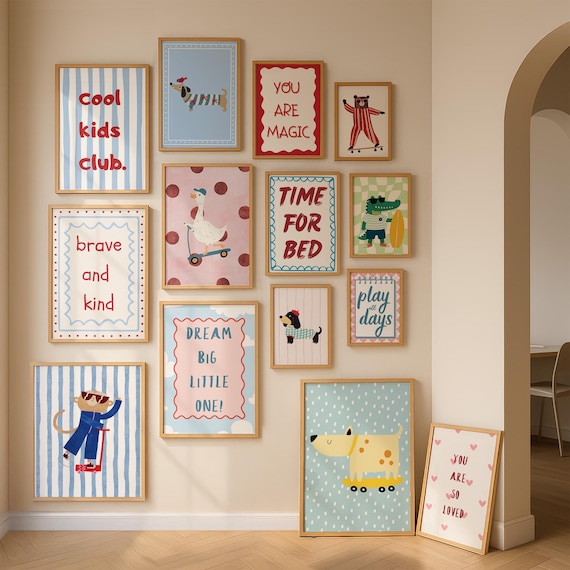 Cool Kids Club Printable Set of 14, Retro Nursery Gallery, Eclectic Playroom Decor, Colorful Animal Prints (Digital Download)