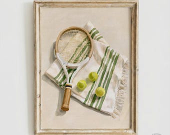 Vintage Tennis Racket Art Print, Country Club Aesthetic Decor, Preppy Wall Art, Old Money Room Decor (Digital Download)