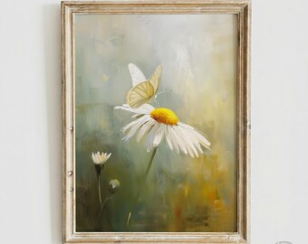 Vintage Daisy Butterfly Oil Painting, Muted Cottagecore Floral Wall Art, Rustic Spring Botanical (Digital Download)