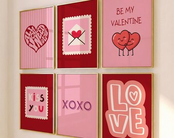 Groovy Valentine Poster Set, Preppy Room Decor, Pink Heart Wall Art, Retro Love Quote Prints, Galentines Day Gift (Digital Download)