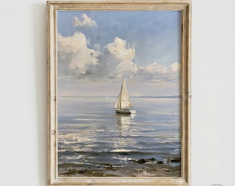 Vintage Sailboat Painting, Neutral Coastal Wall Art, Antique Nautical Seascape Print, Lake House Decor (Digital Download)