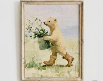 Vintage Polar Bear in Boots Print, Whimsical Arctic Animal Nursery Art, Cottagecore Bear with Flowers (Digital Download)