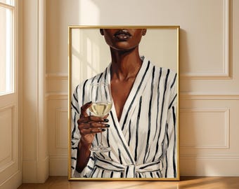 Elegant Black Woman Wine Glass Printable Wall Art, Trendy Bar Cart Art Poster, African American Fashion Illustration (Digital Download)