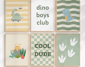 Dinosaur Nursery Wall Art Set of 6, Boys Room Decor Printable, Sage Green Dino Prints, Cool Dude Poster, Dino Boys Club (Digital Download)