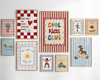 Retro Cool Kids Club Print Set of 10, Whimsical Kids Room Decor, Colorful Animal Prints, Eclectic Playroom Decor (Digital Download)