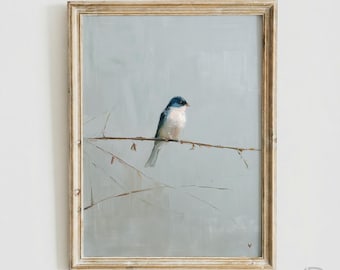 Vintage Bluebird Oil Painting Print, Minimalist Neutral Nursery Wall Art, Cottagecore Nature Decor, Rustic Bird (Digital Download)