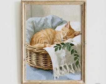 Sleeping Orange Tabby Cat Wall Art, Vintage Cozy Cottagecore Print, Kitten in Basket Printable Decor (Digital Download)