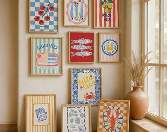 Italian Summer Wall Art Set of 10, Retro Sardine and Lemon Prints, La Dolce Vita Poster, Maximalist Decor (Digital Download)
