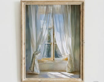 Vintage Open Window with Sheer Curtains Oil Painting, French Country Cottagecore Wall Art, Summer Breeze (Digital Download)