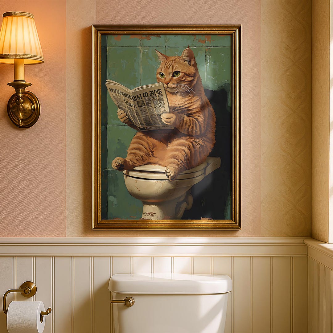 Funny Cat Reading Newspaper Print, Vintage Bathroom Wall Art, Cat on ...