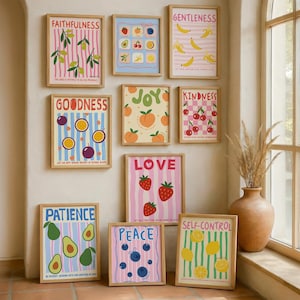 Fruit of the Spirit Wall Art Set of 10, Danish Pastel Christian Nursery Decor, Preppy Bible Verse Prints, Galatians 5:22 (Digital Download)