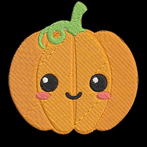 May include: A cute orange pumpkin with a green stem and a smiling face. The pumpkin has big eyes and rosy cheeks.