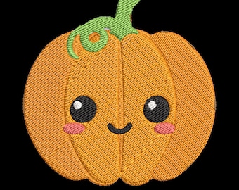 May include: A cute orange pumpkin with a green stem and a smiling face. The pumpkin has big eyes and rosy cheeks.