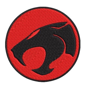 May include: Embroidered patch featuring the Thundercats logo. The patch is circular, with a red background and a black outline. The central design is a black stylized cat head.