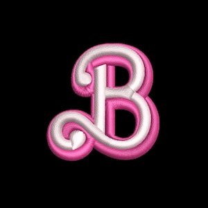 May include: A pink and white embroidered letter B. The letter is in a cursive font and has a 3D effect.