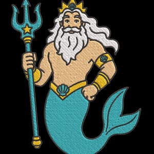May include: An embroidered patch featuring a merman with a long white beard and hair, wearing a gold crown and armbands with shell accents. He holds a teal trident with a yellow star. The merman has a tan torso and a bright teal fish tail.