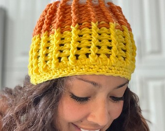 Gorro de Halloween de otoño con caramelos de maíz hecho a mano, bonito, de hilo de ganchillo, talla infantil a adulto