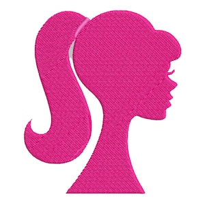 May include: A pink silhouette of a woman with a ponytail. The silhouette is a simple outline of a woman's head and shoulders with a long ponytail.