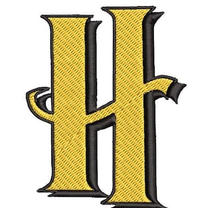 May include: A gold letter H with a black outline. The letter is in a stylized font with a decorative flourish.