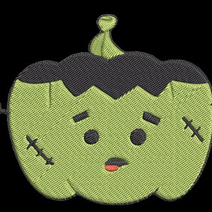 May include: Green pumpkin with a stitched-on Frankenstein face, black eyes, and a stitched mouth. The pumpkin has a green stem and black stitches on the sides.