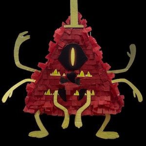 May include: A red, triangular piñata with a large, central eye and yellow accents. The piñata has a textured surface and is shaped like a cartoon character with arms, legs, and a top hat. The background is black.
