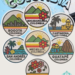 May include: Embroidered patches featuring Colombian city designs, including Bogotá, Bucaramanga, Cartagena, San Andrés, Medellín, Guatapé, and Cali. Each patch showcases local landmarks, flowers, and the city name, set against a map of Colombia.